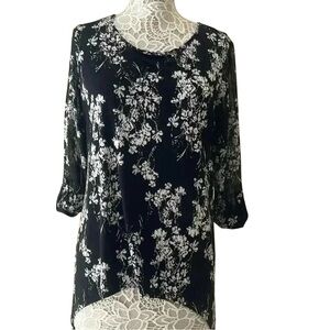 Black White Floral Sheer Blouse Tunic Top 3/4 Sleeve High Low Hem